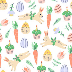 Happy Easter seamless pattern with bunny, chick and painted eggs on white background. Happy Easter hand drawn card. Flat illustration with partial outline. Vector illustration.