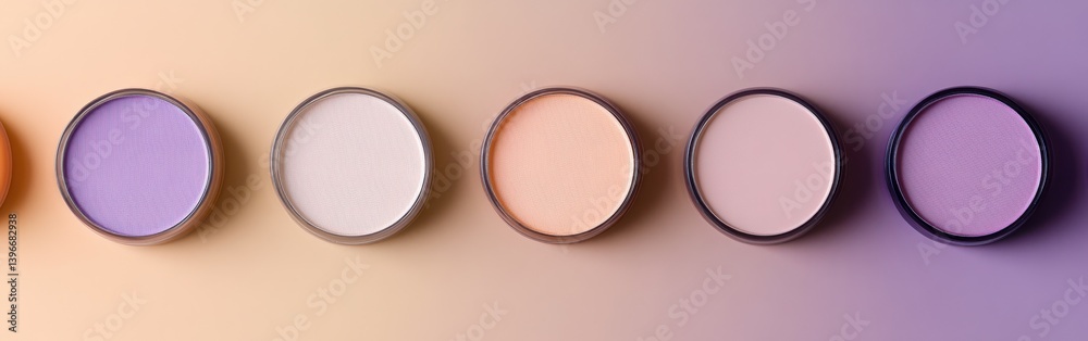 Poster minimalist gradient fill from muted lavender to peach, six makeup powder compacts displayed in a row