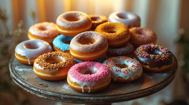 Delicious gourmet donuts display cozy bakery food photography warm environment close-up tempting treats