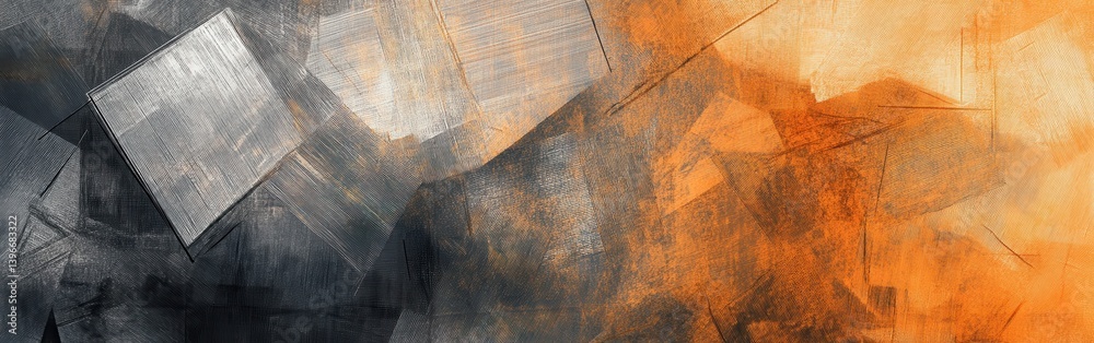 Aufkleber minimalist pencil strokes background with fragmented geometric shapes in grayscale and orange hues, 