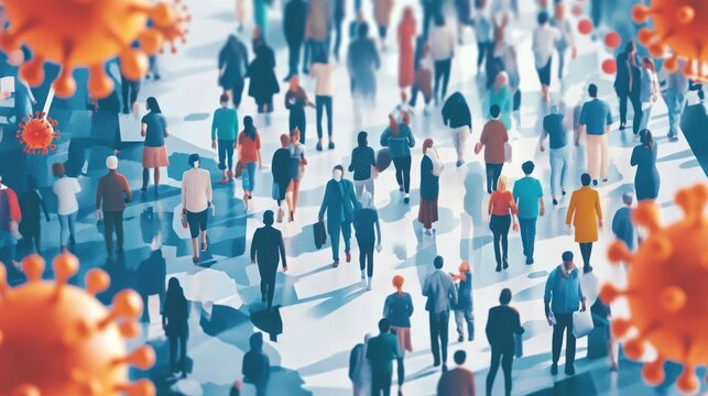 Crowded city street, people wearing masks