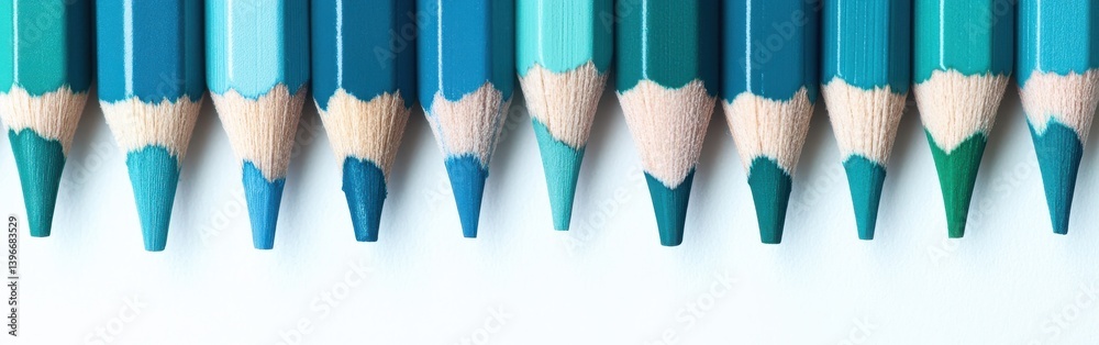 Poster gradient of blue-green color pencils on white paper - sharp tips and natural wood texture for art pr