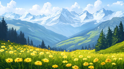 Fototapeta premium mountain, landscape, mountains, nature, sky, summer, meadow, alps, grass, flower, flowers, spring, clouds, alpine, field, snow, green, travel, view, forest, peak, yellow, panorama, rock, outdoors