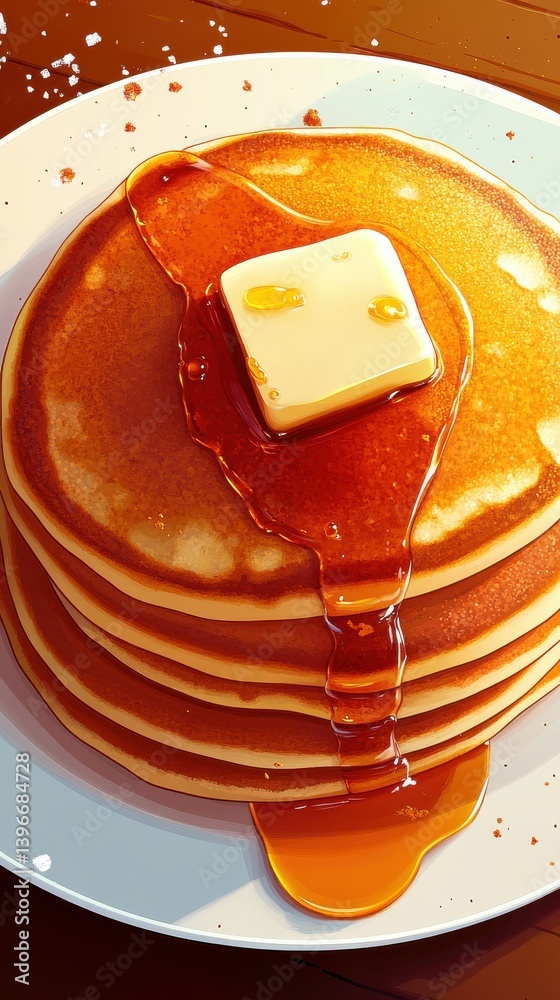 Poster golden pancakes stacked high with melting butter and drizzling maple syrup on a white plate