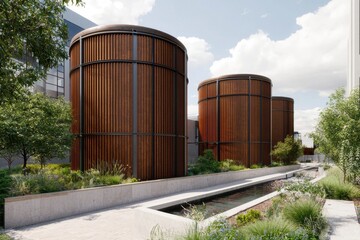 Innovative water storage solution urban park 3d render modern architecture outdoor view sustainable design