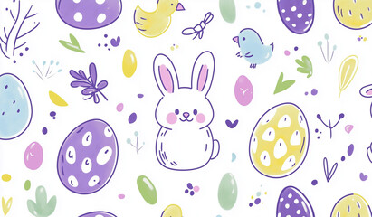 papel de parede ilustrado com padr&atilde;o de p&aacute;scoa com um coelho e p&aacute;ssaros fofos fundo branco em tons past&eacute;is