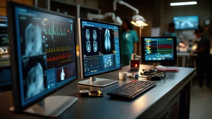 Naklejka premium Focused medical professionals monitoring patient scans in hospital radiology room