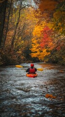 Kayaker Paddling Down River Surrounded by Autumnal Trees with Red and Yellow Foliage on Overcast Day
