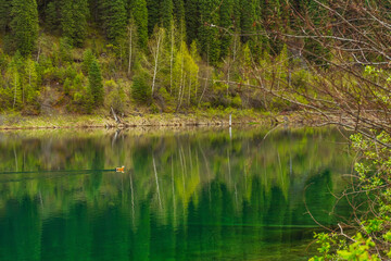 Obraz premium spring with drinking water in the mountains of kazakhstan. clean melt water in the reservoir almaty