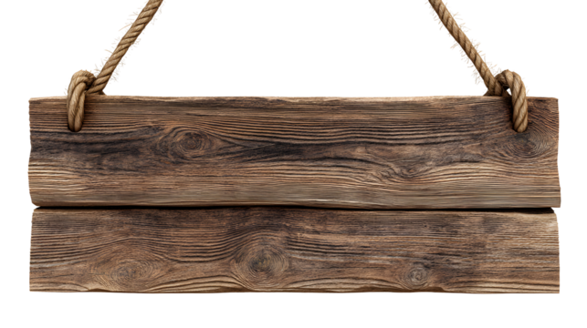 Rustic wooden sign hanging from rope with natural grain texture