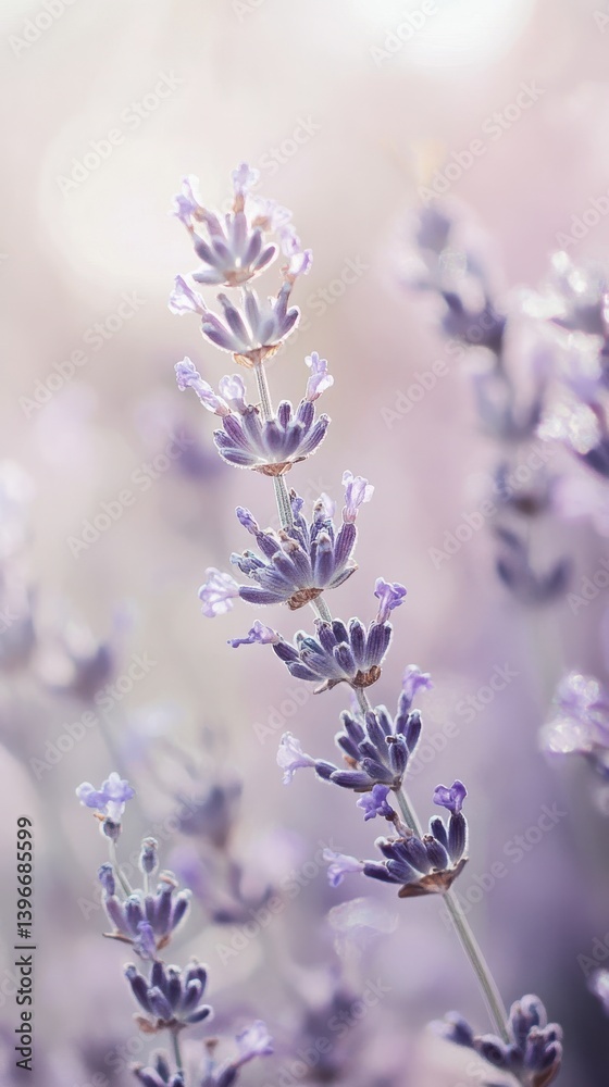 Poster serene bokeh background in pale lavender and white hues featuring a sprig of blooming lavender with 