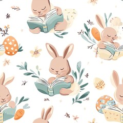 Repeat pattern of Easter bunnies reading egg books Repeating Pattern Tile Repeating Pattern Tile Repeating Pattern Tile Repeating Pattern Tile