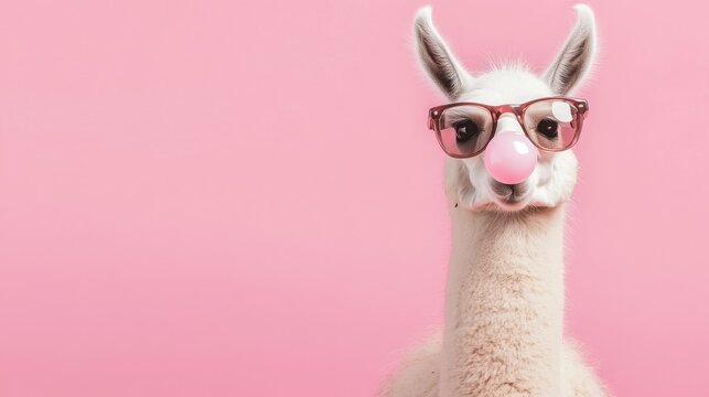 Cute llama in sunglasses blowing bubble gum on a pink background with copy space, a funny animal character portrait banner design