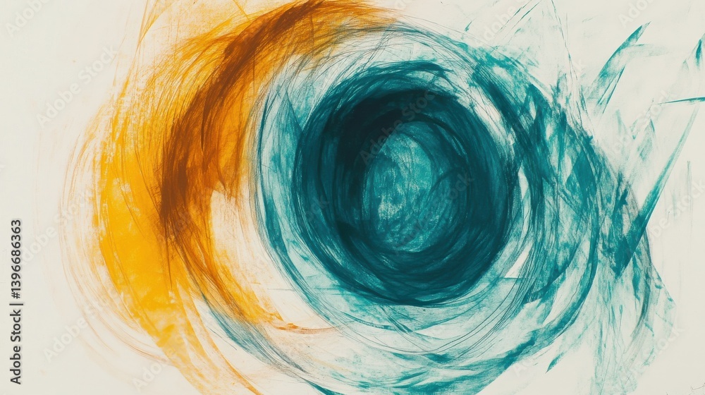 Poster soft pencil strokes create circular patterns in teal and brown on white paper, evoking feelings of d