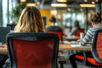 Naklejka premium Someone rolls their chair to a coworkerâ€™s side. They whisper about a task. The mood stays calm and focused