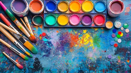 A pride-themed art desk with rainbow paint palettes, glitter, acrylics, brushes in mugs, and pride pins scattered across a textured background. Created Using: chaotic artistic styling,