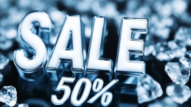 A vibrant retail atmosphere features shiny signage indicating a 50 percent discount. Customers browse through a wide selection of items, eager to find the best deals available