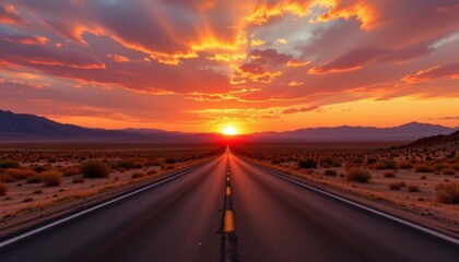 The vast, flat desert stretches to the horizon, bisected by a long, straight ribbon of asphalt devoid of vehicles