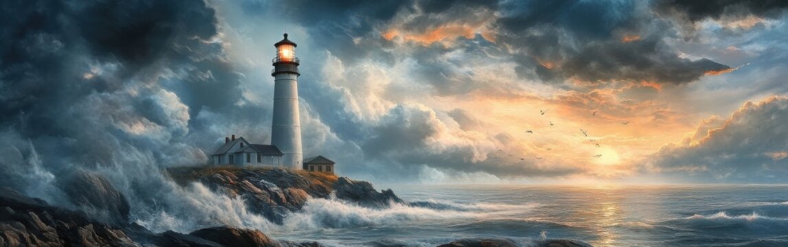 Serene coastal lighthouse stands tall against a dramatic sunset sky with crashing waves and gathering storm clouds.