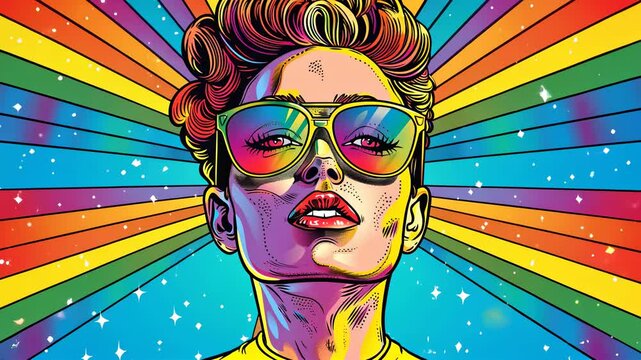 rainbow motion footage of proud pop art face with colorful rays, lgbt concept for creative, identity, campaign, expressive branding - Powered by Adobe