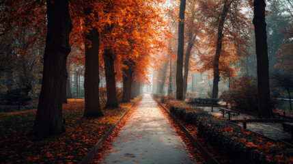 Fototapeta premium A fine art photo of a tranquil park walkway framed by tall trees with vibrant orange and soft crimson foliage, leaves floating mid-air, early morning mist rolling in the background