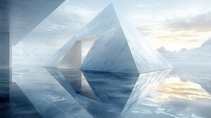 Floating matte-white pyramids casting angular shadows over reflective glass floor, minimalist architecture style