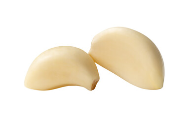Side view of two peeled garlic cloves or pieces in stack isolated with clipping path in png file format