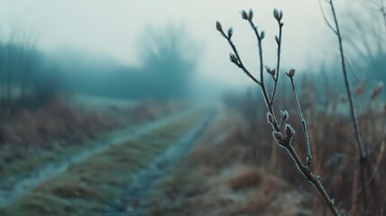Fototapeta premium Frosty Branch and Foggy Path in Winter Landscape