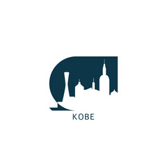 Kobe vector icon with skyline, panoramic view, city shape. Japan landmarks logo concept. Blue flat isolated graphic, badge