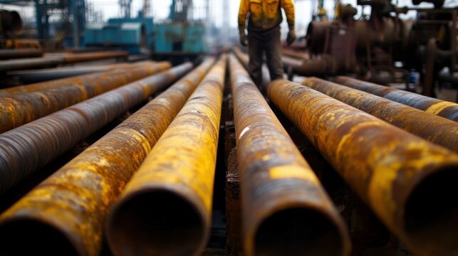 In the oil refining industry, a male worker visually inspects steel long pipes and pipe elbows, as well as pipeline valves at an oil plant.