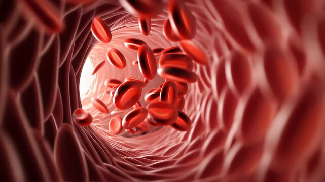3d medical illustration of red blood cells flowing through artery, vein, detailed microscopic view of circulatory system used in biology, healthcare, anatomy, medicine and scientific research visuals.