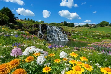 Tranquil Waterfall Oasis: A Stunning Display of Untouched Nature with Crystal Clear Water, Lush Greenery, and Vibrant Flowers, Creating a Peaceful and Serene Atmosphere for All to Enjoy