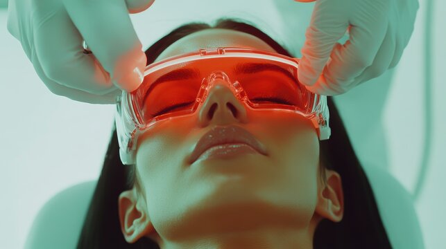 A woman with long black hair receiving a Thulium laser treatment on her glowing skin. Aesthetician in a white uniform using advanced laser equipment,