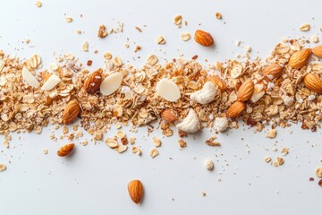 Overhead view of scattered granola with various nuts and seeds