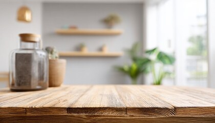 This warm and inviting scene showcases a beautiful empty wooden tabletop counter, perfectly suited for showcasing products or creating a welcoming ambiance The clean and bright aesthetic is enhanced