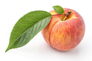 Fresh peach with green leaf isolated on white background. A ripe peach with a fresh green leaf, isolated on a white background, ideal for food, fruit, and healthy eating content