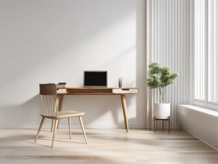 This scene presents a minimalist workspace bathed in gentle sunlight, highlighting a clean and uncluttered aesthetic A simple wooden desk stands against a pristine white wall, adorned with a laptop