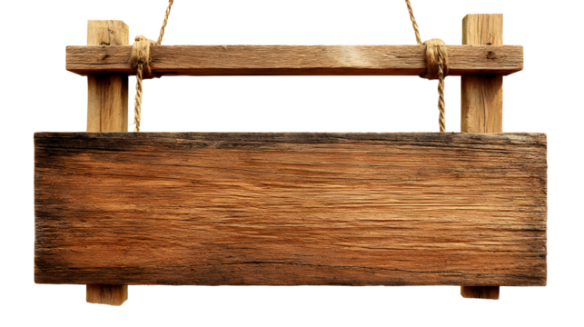 Hanging wooden sign with rustic rope and detailed wood grain texture