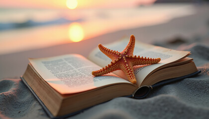 An open book with a starfish resting on it, set against a serene sunset on a sandy beach.