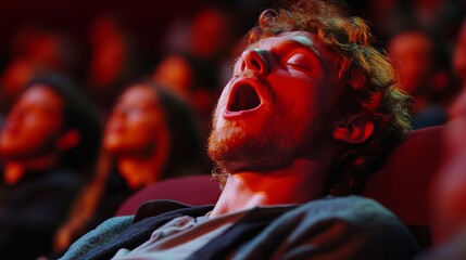 Man sleeping in movie theater audience bored watching film tired yawning during show red light cinema