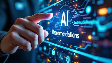 Fototapeta premium customer experience branding ai, A hand interacts with a digital interface displaying AI recommendations in a futuristic setting.