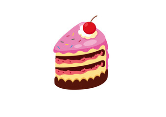 Delightful cartoon-style cake slice features three creamy layers of vanilla, strawberry, and chocolate textures, topped with glossy pink frosting and a bright red cherry perched on a fluffy dollop of 