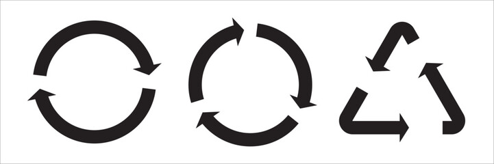 Set of Black Recycle and Cycle Arrow Icons representing sustainability, reuse, and eco-friendly concepts. Perfect for green energy, environment, waste management, and ecological design themes.
