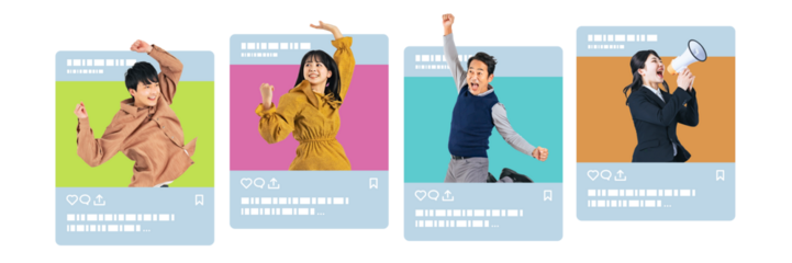 SNS画面から飛び出す様々な人々　切り抜き背景透過PNG