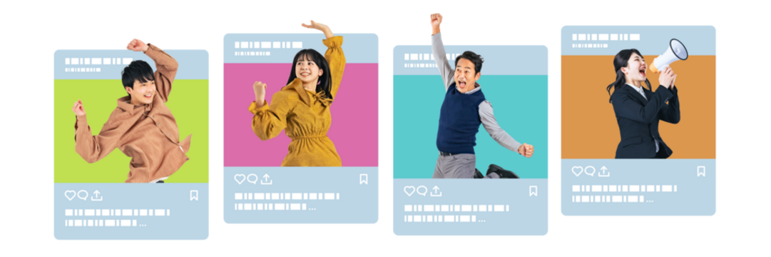 SNS画面から飛び出す様々な人々　切り抜き背景透過PNG