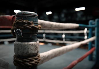 Close-up of a weathered boxing ring post with ropes and soft lighting.