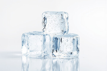 Transparent ice cubes with bubbles stacked together, realistic style, placed on a clean white background. Concept of refreshing drinks. Ai generative