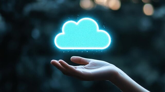 Demonstrating a creative representation of digital data storage, a hand extends outward holding a luminous cloud symbol that conveys ideas of technology and connectivity