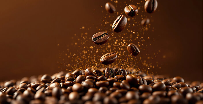 Falling roasted coffee beans surrounded by aromatic particles on a smooth brown background, symbolizing freshness and energy in drinks concept. Ai generative