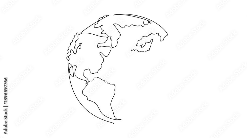 Wall mural self drawing animation of single one line drawing a globe whose islands are made of tree leaves. the